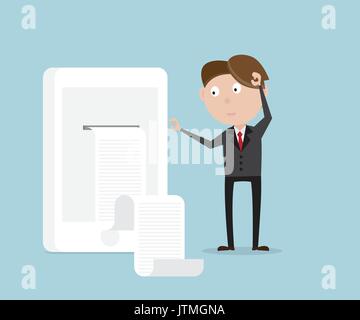 businessman standing and print long bill from mobile smartphone, online business concept cartoon vector illustration Stock Vector