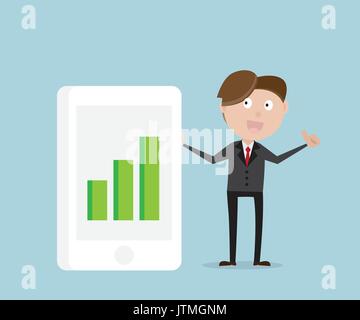 happy businessman standing with green graph on smartphone, businessman success concept cartoon vector illustration Stock Vector