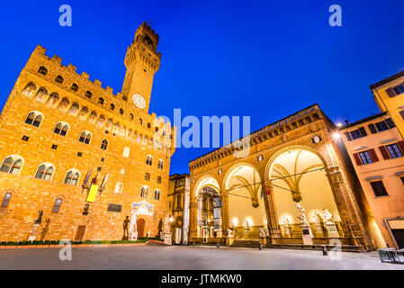 Florence, Italy. Palazzo Vecchio (or Palazzo della Signoria ) and Loggia dei Lanzi, twilight scene in Tuscany. Stock Photo