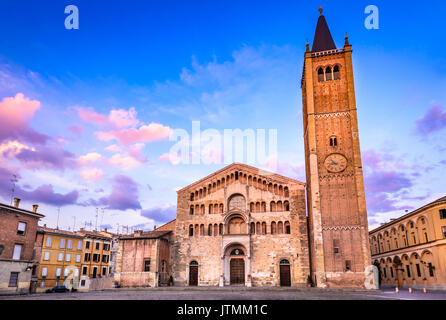 Parma, Italy - Piazza del Duomo with the Cathedral and Baptistery at twilight light. Romanesque architecture in Emilia-Romagna. Stock Photo