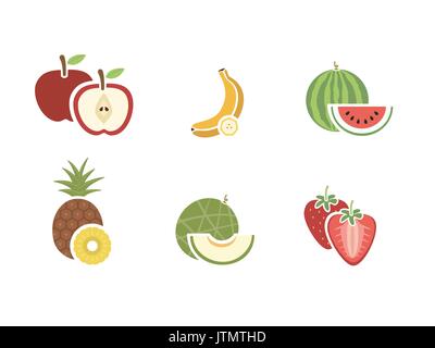 Group of fruits color icon on white background Stock Vector