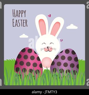 Happy Easter greeting card with two eggs and bunny Stock Vector