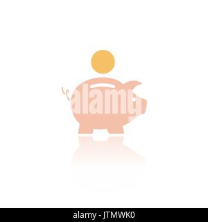 Piggy bank icon with color and reflection on a white background Stock Vector