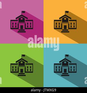 School building icon with shadow on colored backgrounds Stock Vector