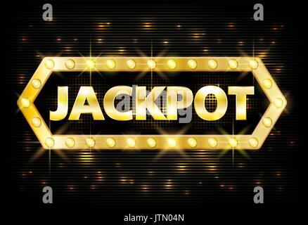 Jackpot gold casino lotto label with glowing lamps on black background. Casino jackpot winner design gamble with shining text in vintage style. Vector illustration Stock Vector