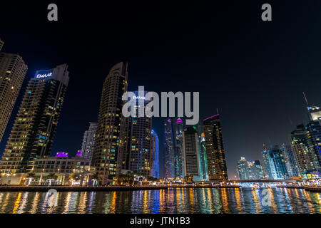 View of the Dubai marina at night, Dubai, United Arab Emirates Stock Photo