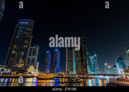 View of the Dubai marina at night, Dubai, United Arab Emirates Stock Photo