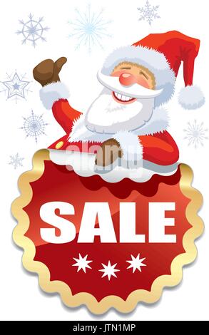 Smiling Santa Claus with red sticker for Christmas sale Stock Vector