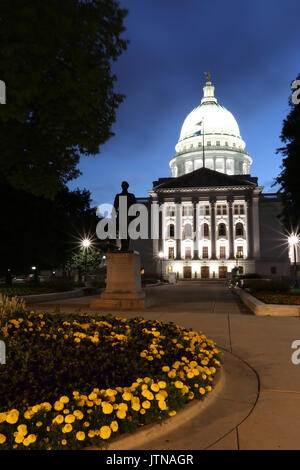 Wisconsin State Capitol building, National Historic Landmark. Madison, Wisconsin, USA. Summer night scene, vertical composition. Stock Photo