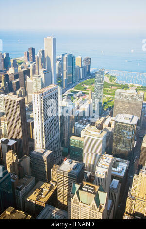 Chicago skyline and lake Michigan. An overhead view of the great city of Chicago downtown taken from the Willis (Sears) Tower. Vertical composition. Stock Photo