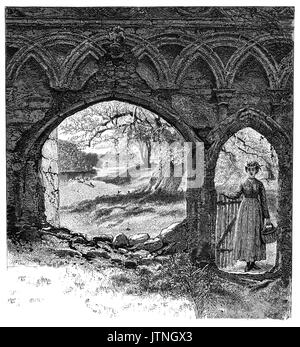 1870: A young woman at the gateway to Bolton Abbey, an estate in Wharfedale in North Yorkshire, England, takes its name from the ruins of the 12th-century Augustinian monastery—now generally known as Bolton Priory. It sits within the landscape of the Yorkshire Dales, adjacent to the village of Bolton Abbey. Stock Photo