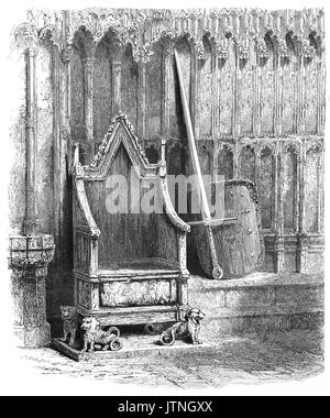 1870: The Coronation Chair, known historically as St Edward's Chair or King Edward's Chair, is an ancient wooden throne on which the British monarch sits when he or she is invested with regalia and crowned at the coronation in London, England. It was commissioned in 1296 by King Edward I to contain the coronation stone of Scotland – known as the Stone of Destiny – which had been captured from the Scots who kept it at Scone Abbey in Perthshire, Scotland. Stock Photo