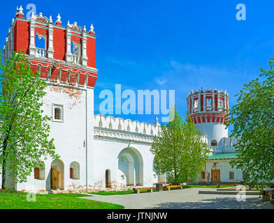 The inner courtyard of Novodevichy Convent with its unusual Nikolskaya and Tsaritsyna towers, Moscow, Russia Stock Photo