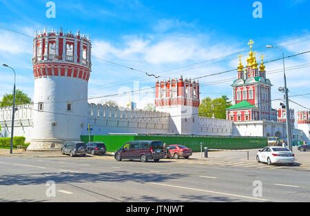 MOSCOW, RUSSIA - MAY 08, 2015: Beautiful medieval Novodevichy Convent with unusual towers, on May 08 in Moscow Stock Photo