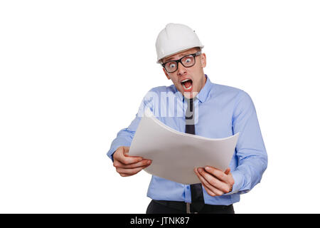 Architect engineer is horrified by the blueprint. Emotion concept. Isolated on white. Stock Photo