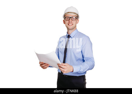 Handsom construction engineer with blueprint looking at the camera. Isolated on white. Stock Photo