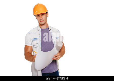 Handsom construction engineer with blueprint looking at the camera. Isolated on white. Stock Photo