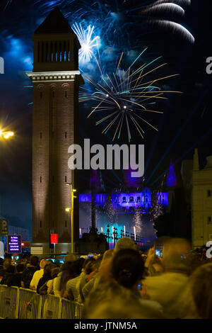 Firework  in Barcelona. Light and music show at closing ceremonies of La Merce Festival Stock Photo