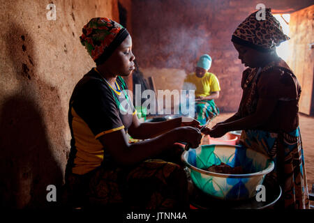 Mforo, Tanzania a village near Moshi, Tanzania. Solar Sister entrepreneur Fatma Mziray and her eldest daughter Zainabu Ramadhani, 19 cook lunch in her kitchen house using both a clean cookstove using wood and one using coal. One of her younger daughters, Nasma Ramadhani, age 5 helps out. Stock Photo