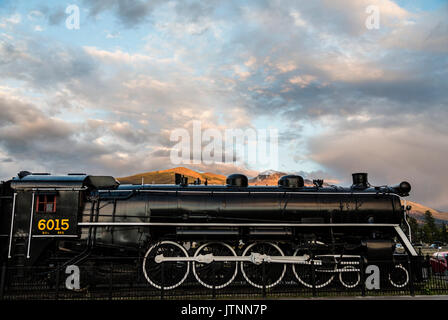 An old steam locomotive in Jasper Town Railway Station, Jasper National Park, Canada. Stock Photo