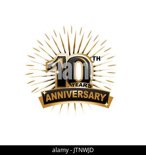 ten years anniversary, gold badge, illustration design, isolated on white background. Stock Vector