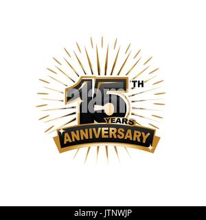 fifteen years anniversary, gold badge, illustration design, isolated on white background. Stock Vector
