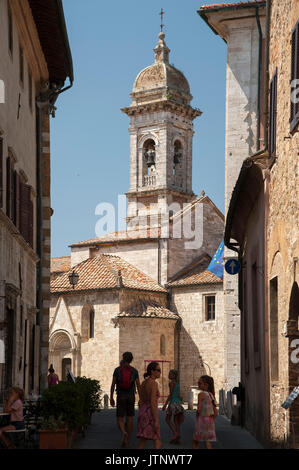 Romanesque Collegiata dei Santi Quirico e Giulitta in San Quirico d'Orcia in Val d'Orcia listed in World Heritage by UNESCO, Tuscany, Italy. 31 July 2 Stock Photo