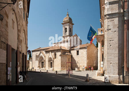 Romanesque Collegiata dei Santi Quirico e Giulitta in San Quirico d'Orcia in Val d'Orcia listed in World Heritage by UNESCO, Tuscany, Italy. 31 July 2 Stock Photo