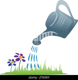 watering can with drops of water and lawn, icon design, isolated on white background. Stock Vector