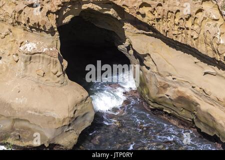 La Jolla Cove, Eroded Sandstone Cave, Famous Tourist Attraction Scenic Aerial View From Above. San Diego Beach, Pacific Ocean Coast, California USA Stock Photo