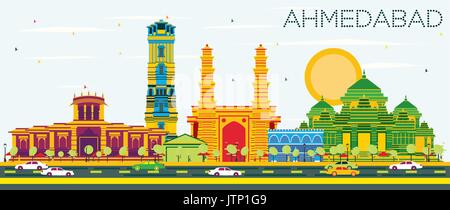 Ahmedabad Skyline with Color Buildings and Blue Sky. Vector Illustration. Business Travel and Tourism Concept with Historic Architecture. Stock Vector