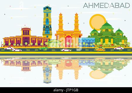 Ahmedabad Skyline with Color Buildings, Blue Sky and Reflections. Vector Illustration. Business Travel and Tourism Concept with Historic Architecture. Stock Vector