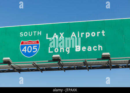 LAX Airport and Long Beach overhead freeway sign on Interstate 405 south in Los Angeles, California. Stock Photo