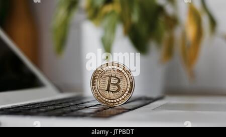 Digital currency physical metal bitcoin coin on the keyboard. Bitcoin security. Stock Photo
