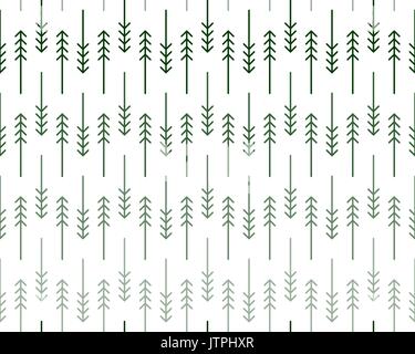 Scandinavian geometric pattern with stylized linear fir and pine trees in shades of green on white background. Print for Christmas wrap paper or moder Stock Vector