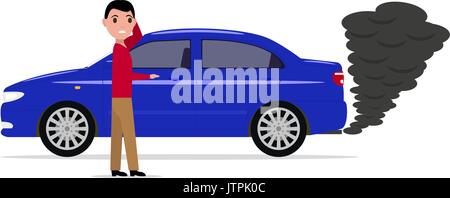 Cartoon man standing car with smoke exhaust pipe Stock Vector