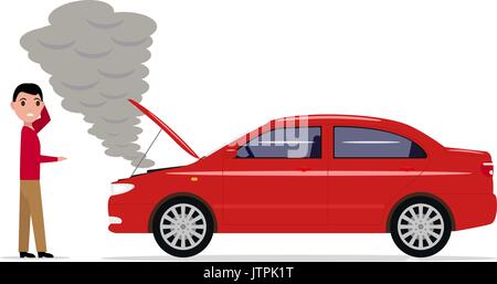 Vector cartoon man standing with a broken car Stock Vector