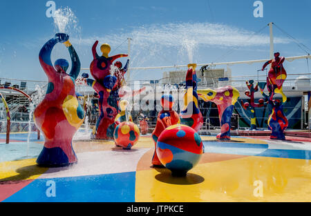 H2O Zone, Freedom of the Seas, Royal Caribbean International - Barcelona, Spain - 07 May, 2017: Colorful fountains of a waterpark for kids on a cruise Stock Photo