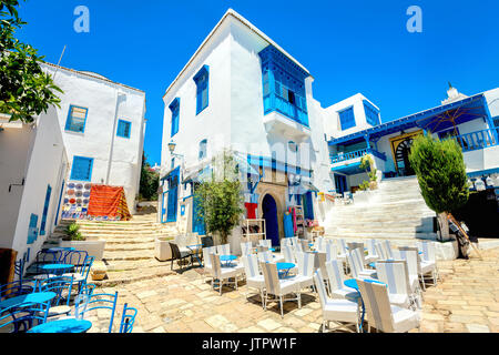 Cityscape with typical white blue colored houses in resort town Sidi Bou Said. Tunisia, North Africa Stock Photo