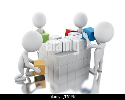 3d illustration. White business people with cubes. Teamwork concept. Isolated white background Stock Photo