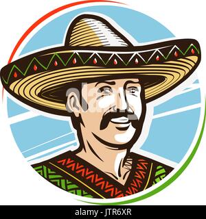 Portrait of happy smiling mexican in sombrero, logo or label. Cartoon vector illustration Stock Vector