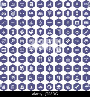 100 plane icons hexagon purple Stock Vector