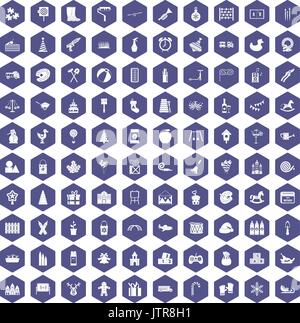 100 preschool education icons hexagon purple Stock Vector