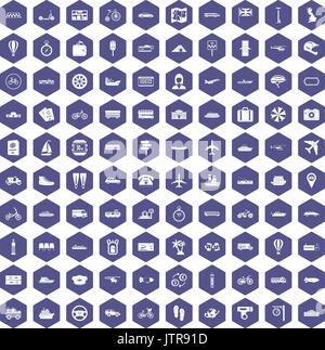 100 public transport icons hexagon purple Stock Vector