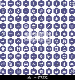 100 rafting icons hexagon purple Stock Vector