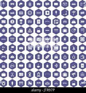 100 railway icons hexagon purple Stock Vector