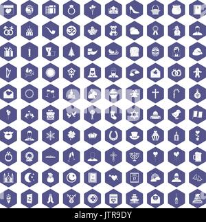 100 religious festival icons hexagon purple Stock Vector