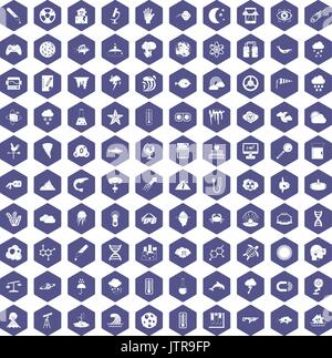 100 research icons hexagon purple Stock Vector