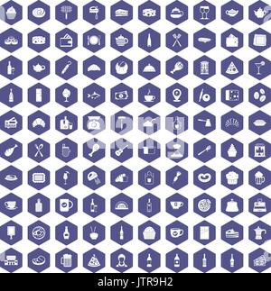 100 restaurant icons hexagon purple Stock Vector