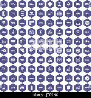 100 road icons hexagon purple Stock Vector